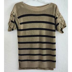 Sweater-Ralph Lauren-"Army" Brown-Striped-Criss Cross on Short Sleeves-Size MED
